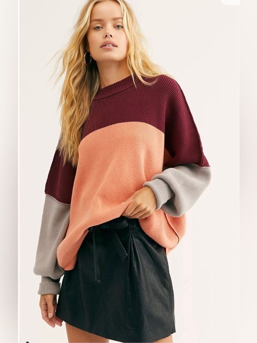 Free People Colorblock Sweater in Burgundy, Peach & Light Gray